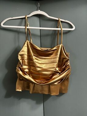 Gold Satin Draped Cowl Neck Tank Top